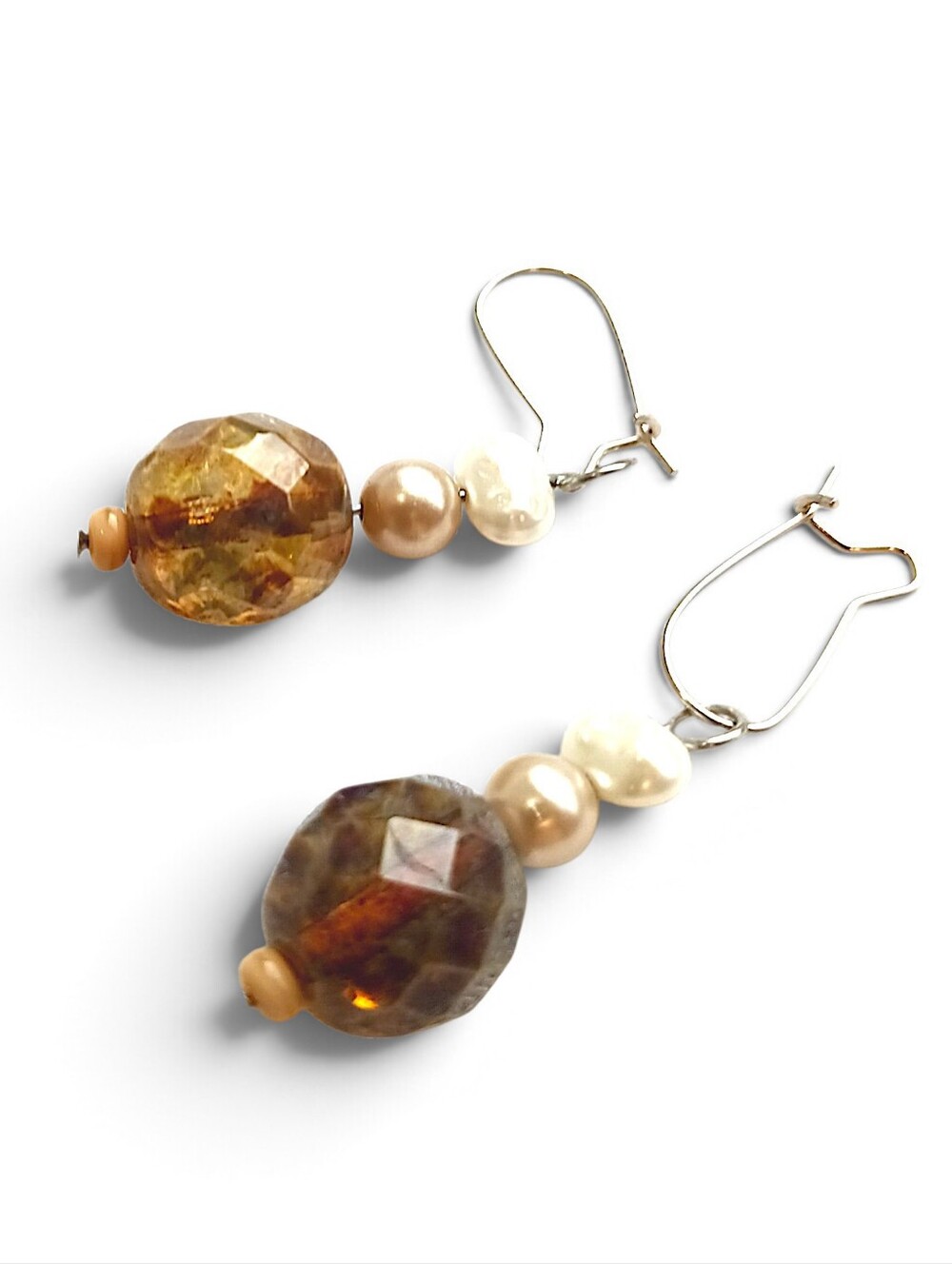 Handcrafted Amber Glass Pearl Drop Earrings Beaded Artisan Crystal Gold Brown